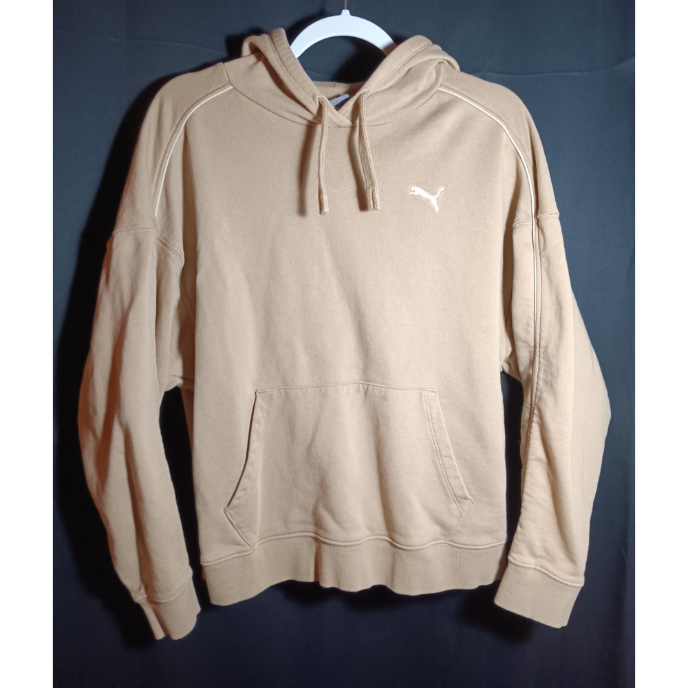 PUMA Women’s Hoodie L Beige Tan Hooded Sweatshirt Pullover Cotton Logo